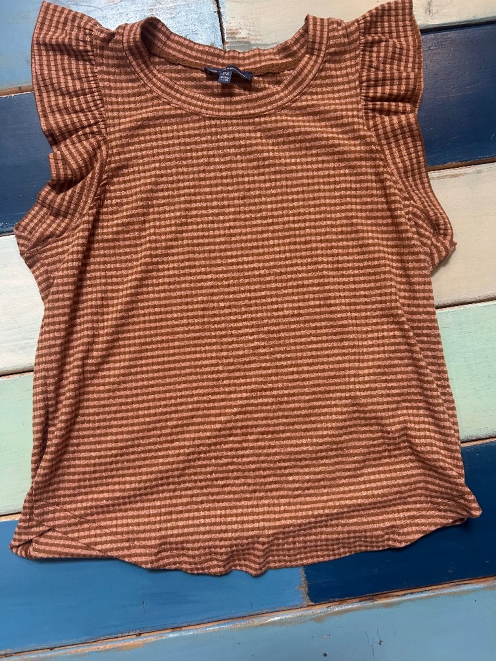 Democracy Women's Petite Small Rust Gold Metallic Striped Ruffle Sleeve Top PS